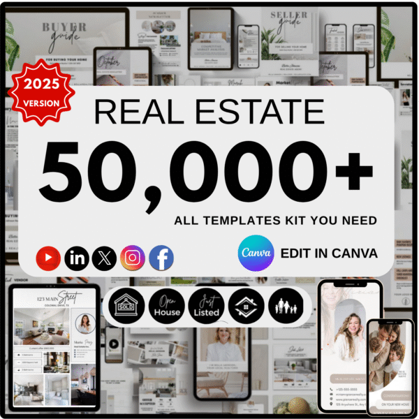 2025 Real Estate All‑In‑One Templates Bundle – Canva Editable Marketing Kit (Digital Download)